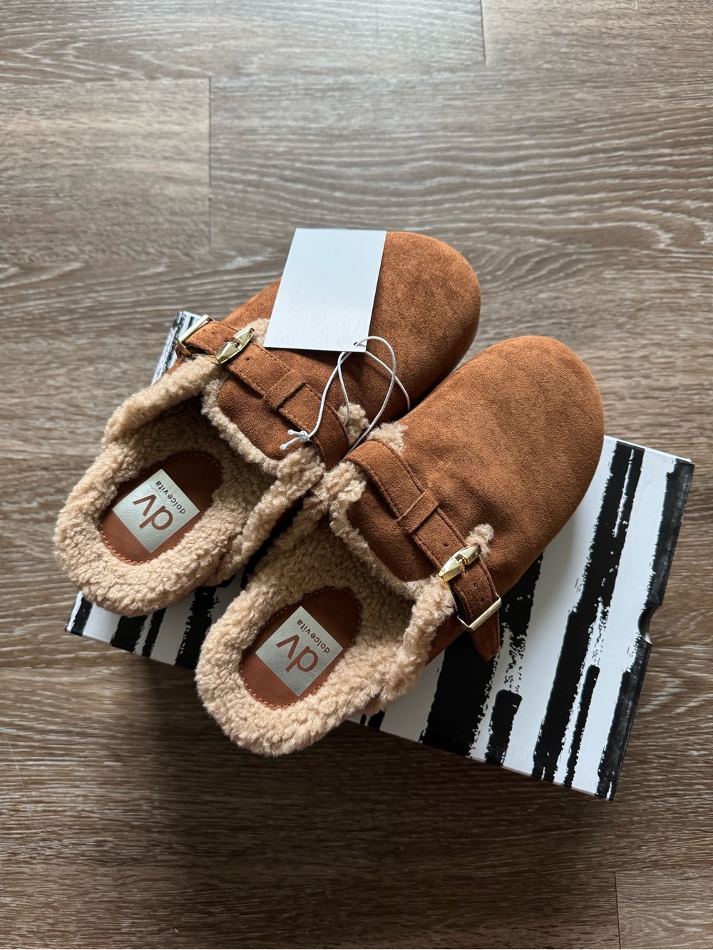 Dolce Vita Cozy Brown Suede Shearling Slip-On Clogs